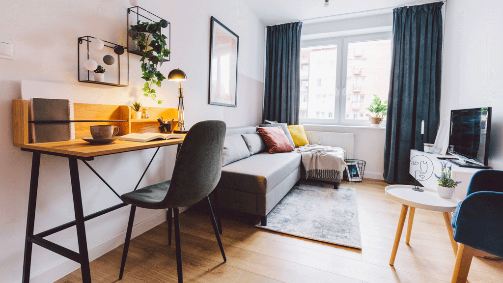 Intérieur lumineux d'un appartement ancien rénové avec parquet et grande fenêtre à Dijon