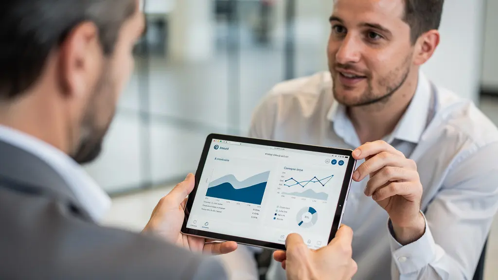 Conseiller montrant des données de taux de crédit sur tablette à un client