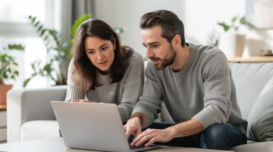 Couple trentenaire consultant un écran d'ordinateur pour leur projet de crédit immobilier