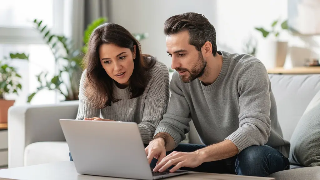 Couple trentenaire consultant un écran d'ordinateur pour leur projet de crédit immobilier