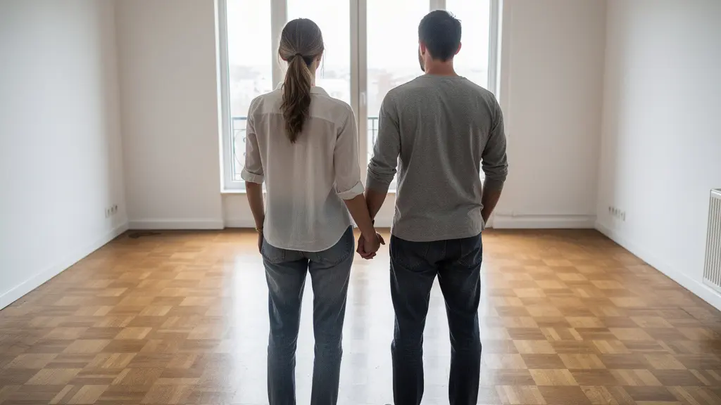 Couple trentenaire visitant un appartement lumineux à Dijon lors d'une recherche immobilière