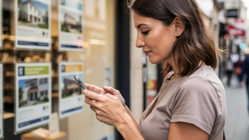 Femme consultant des annonces immobilières devant une agence à Dijon