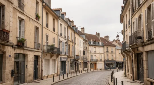 Rue résidentielle calme à Dijon avec immeubles en pierre de Bourgogne typiques du marché immobilier local