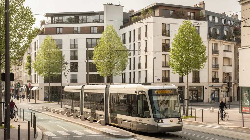 Tramway de Dijon traversant un quartier en rénovation urbaine avec immeubles récents