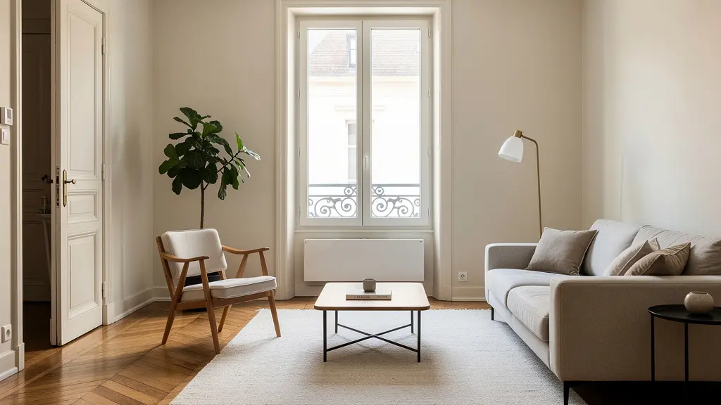 Intérieur lumineux d'un appartement ancien rénové avec parquet et grande fenêtre à Dijon