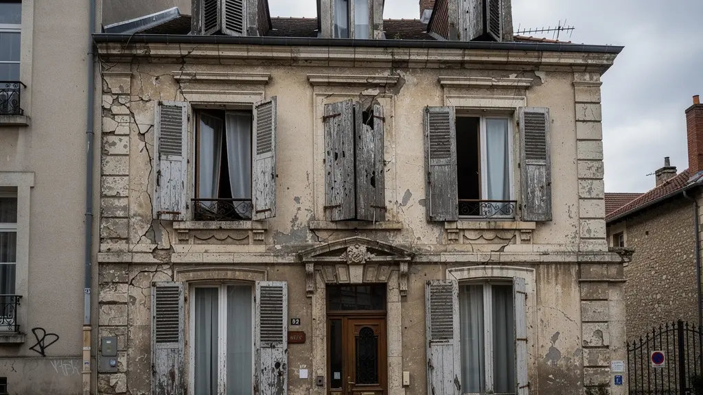 Façade d'immeuble ancien nécessitant rénovation avec volets abîmés à Dijon