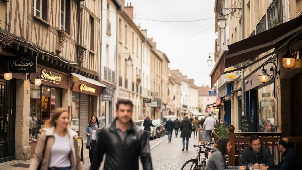 Rue commerçante du centre-ville de Dijon avec façades anciennes et terrasses de café