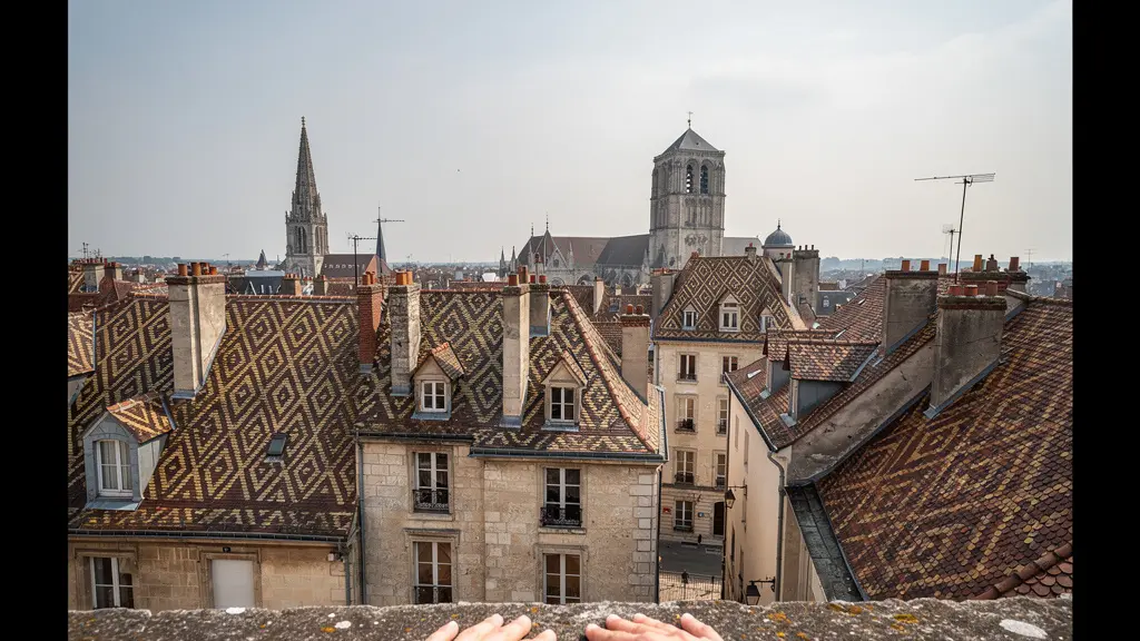 Vue panoramique sur les toits de Dijon avec tuiles vernissées bourguignonnes
